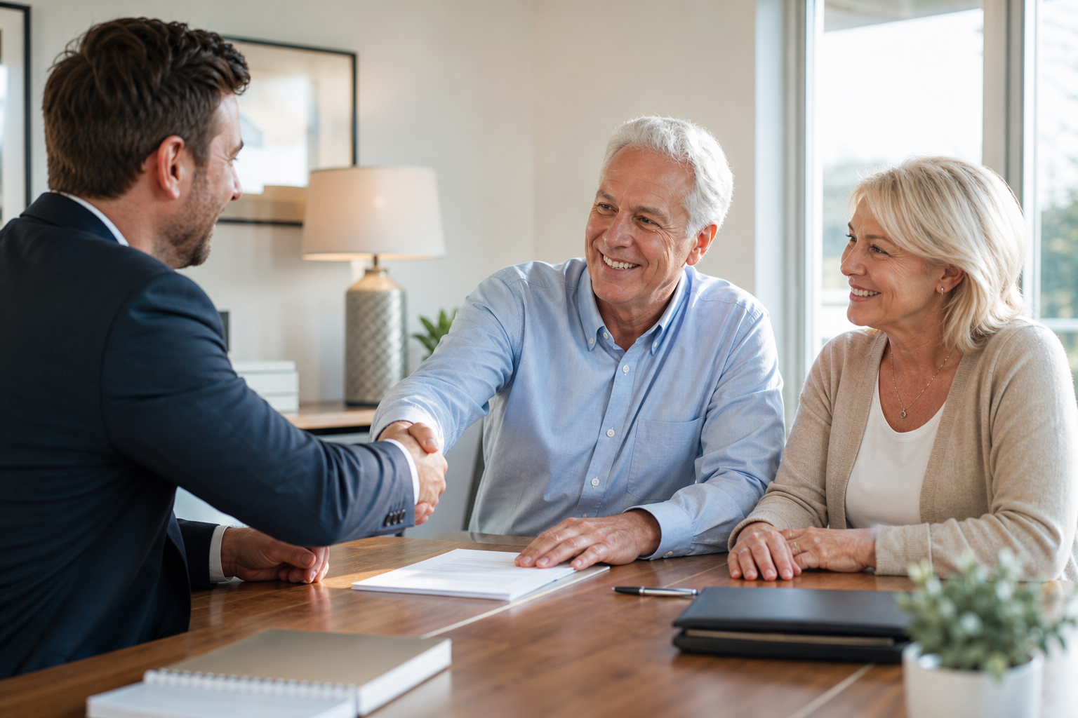 inviting home office with financial documents representing reverse mortgage services, natural light and professional atmosphere
