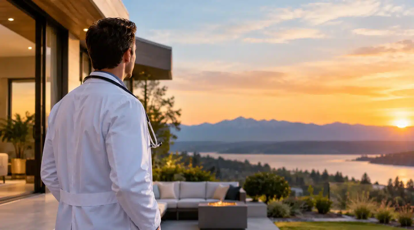 A doctor in a white coat looking out over a lake from a patio at sunset.