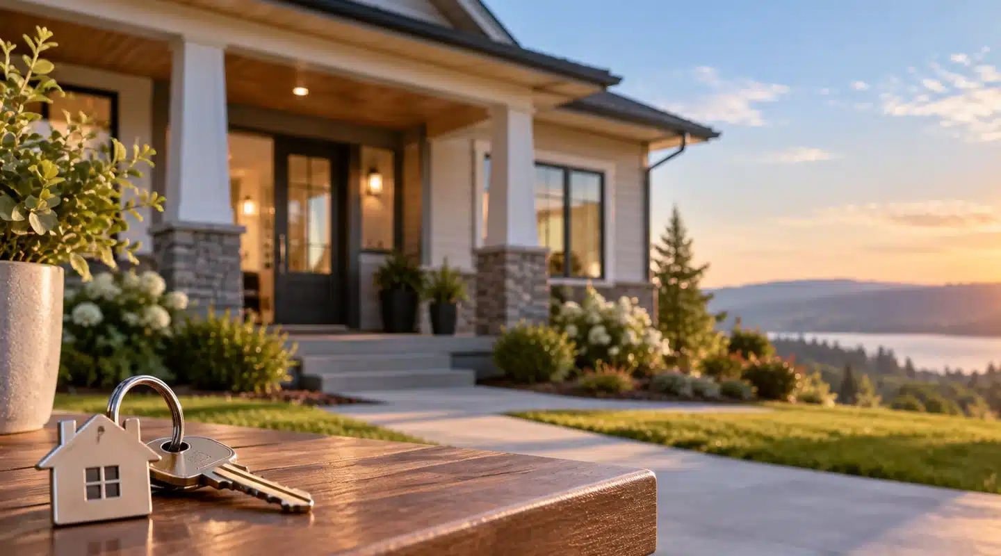 House keys on a wooden table in front of a home overlooking a lake at sunset.
