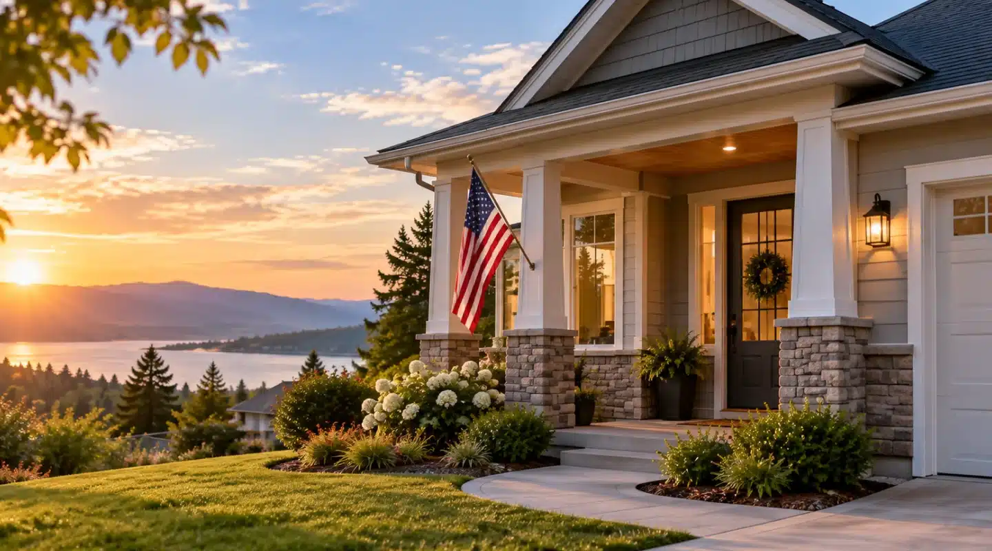 A home with an American flag on the front porch overlooking a lake at sunset.