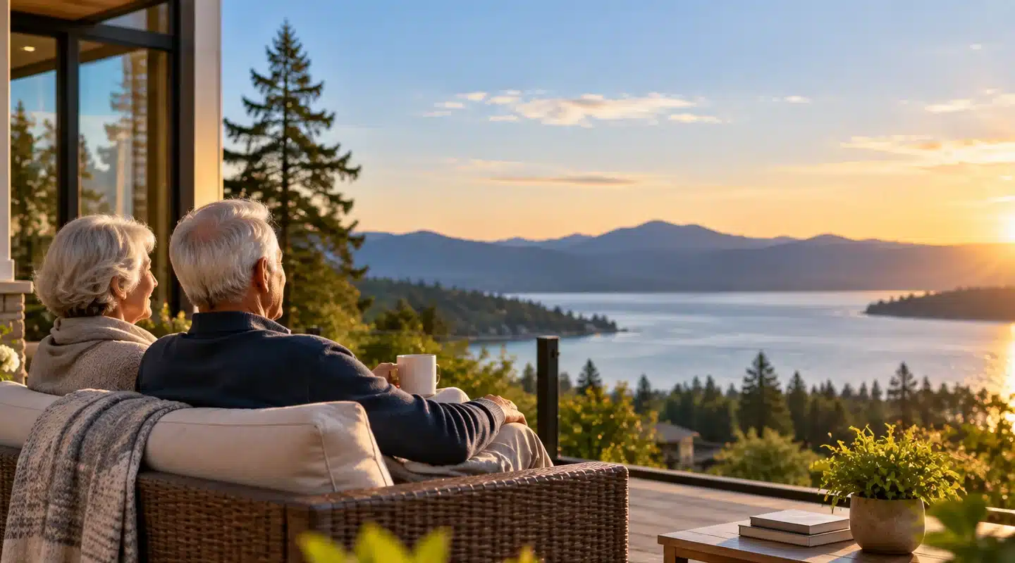 A senior couple relaxing on a patio sofa overlooking a scenic lake at sunset.