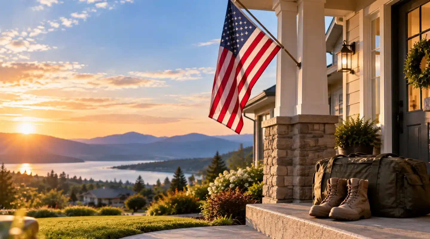 Combat boots and a duffel bag on a home's porch with an American flag at sunset.